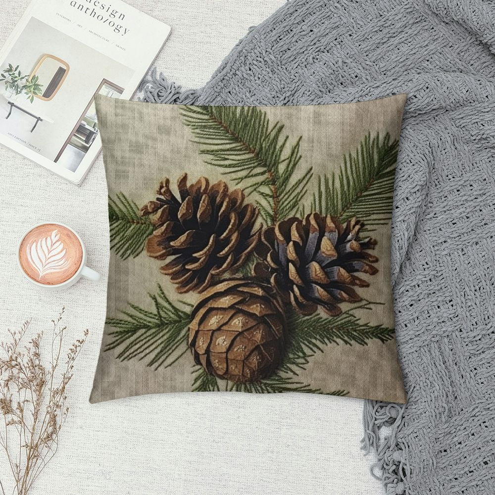 Wuche Decorative Pillow Cover Green Christmas Brown Pine Cone On White Holiday Xmas Nature Branch Spruce Fir Natural Celebration Throw Pillow Cover Square Cushion Case for Couch Bed Car White