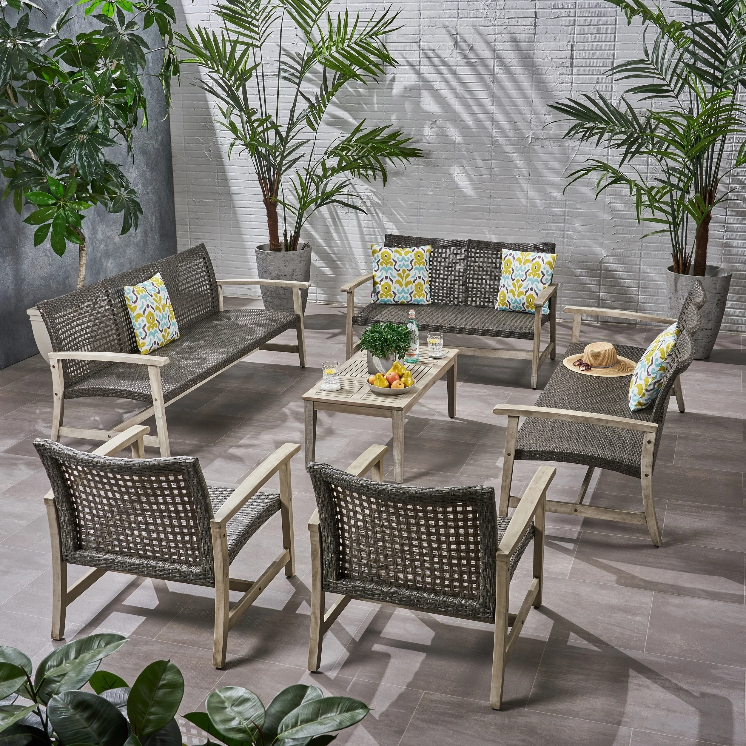 Christopher Knight Home Hampton Outdoor 6 Piece Sofa and Loveseat Chat Set by  Mixed Black + Light Gray Washed Finish