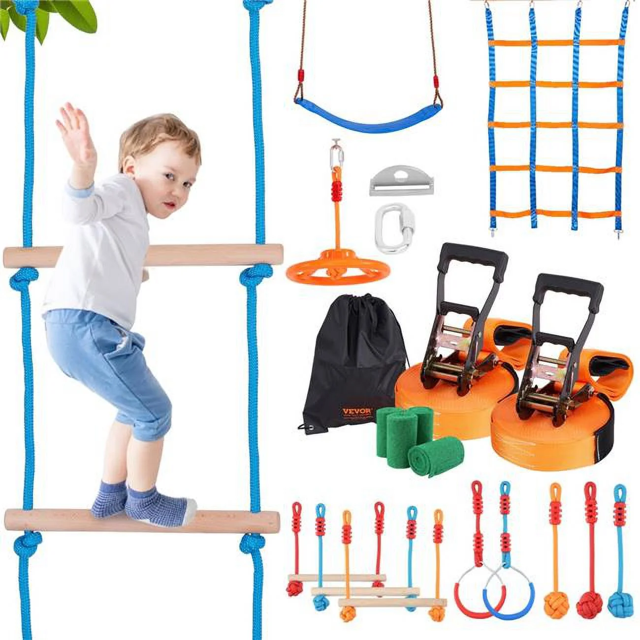 Vevor RZX562YC11J0F2X1FV0 2 x 56 ft. Ninja Warrior Obstacle Course for Kids, Orange - 12 Obstacles