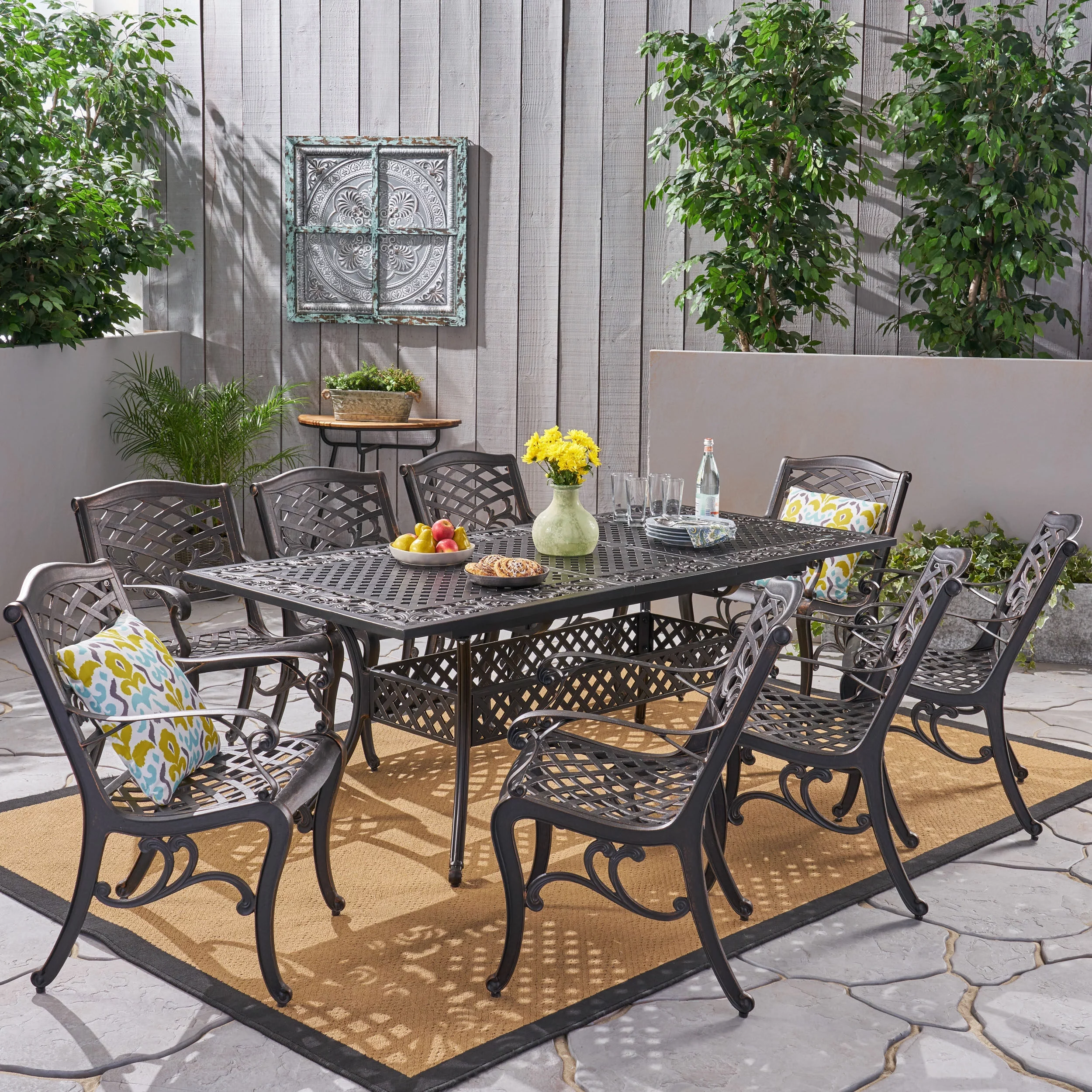 GDF Studio Sunset Outdoor Cast Aluminum 7 Piece Expandable Dining Set, Shiny Copper