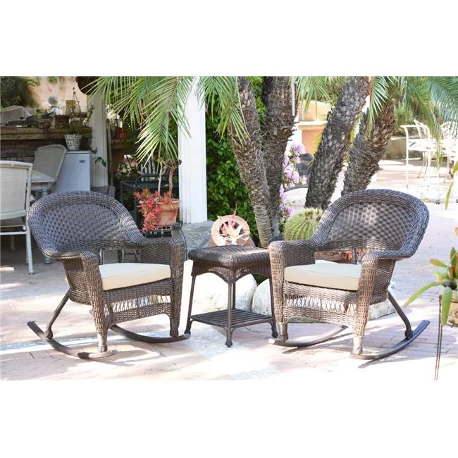 W00201R-A-2-RCES001 Espresso Rocker Wicker Chair Set with Ivory Cushion - 3 Piece
