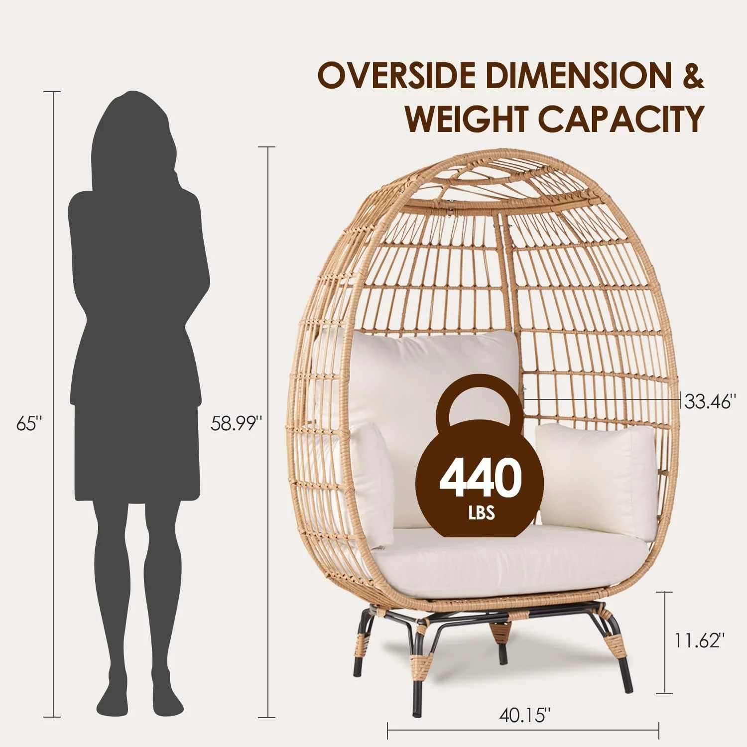 Wicker Egg Chair with 4 Cushions, Steel Frame, Outdoor Indoor Oversized Lounger, Egg Basket Chair, 440lb Capacity, White