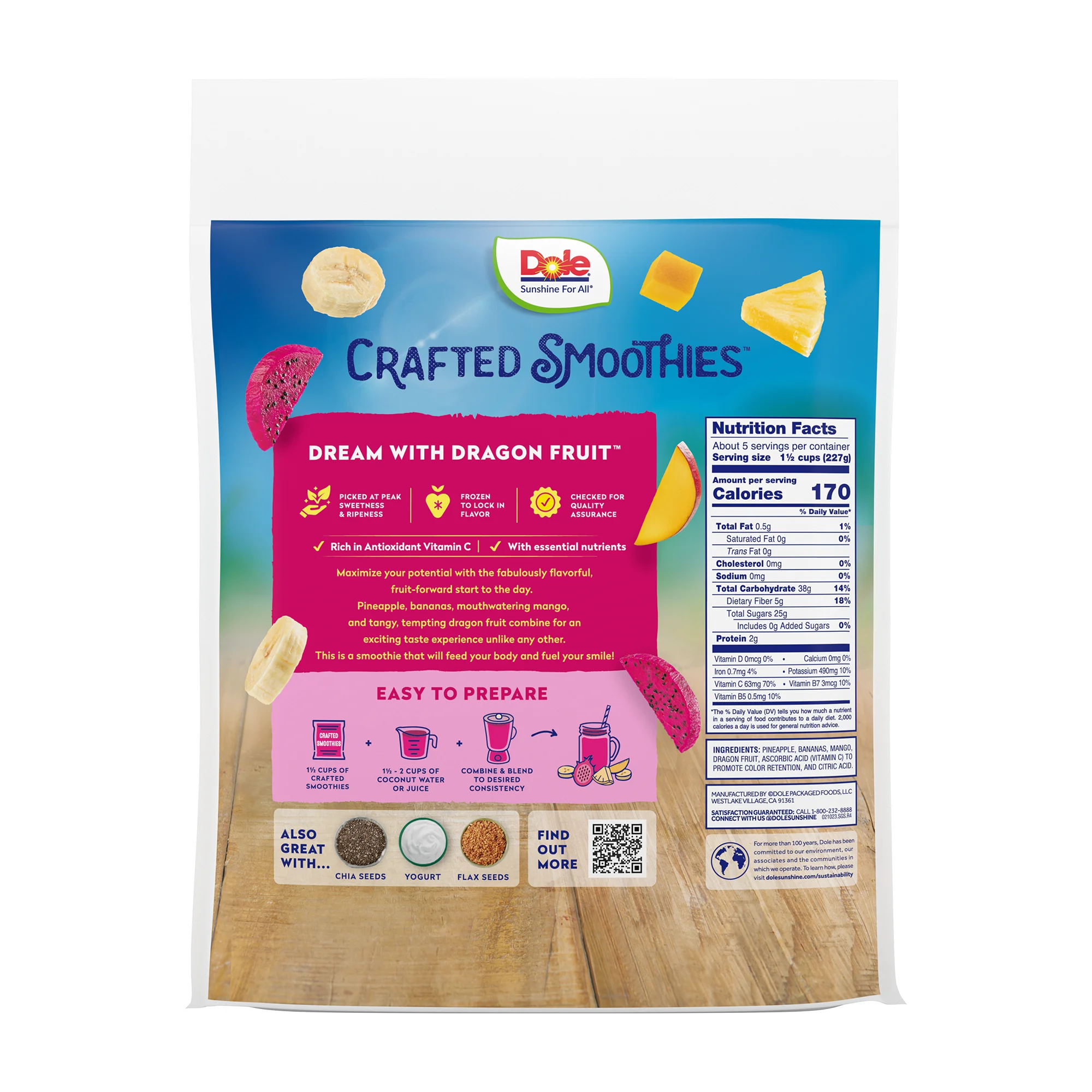 Dole Crafted Smoothie Blends Frozen Tropical Fruit Blend with Dragon Fruit, 40 oz Bag