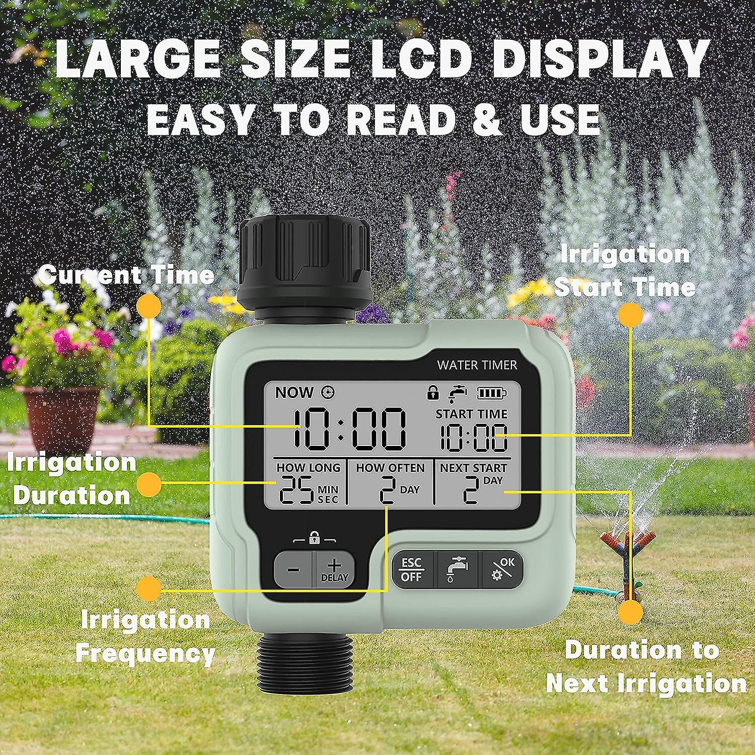 Watering Programmer Irrigation Timer Ipx5 Waterproof Automatic Manual Sprinkler With Large Lcd Screen Easy Installation