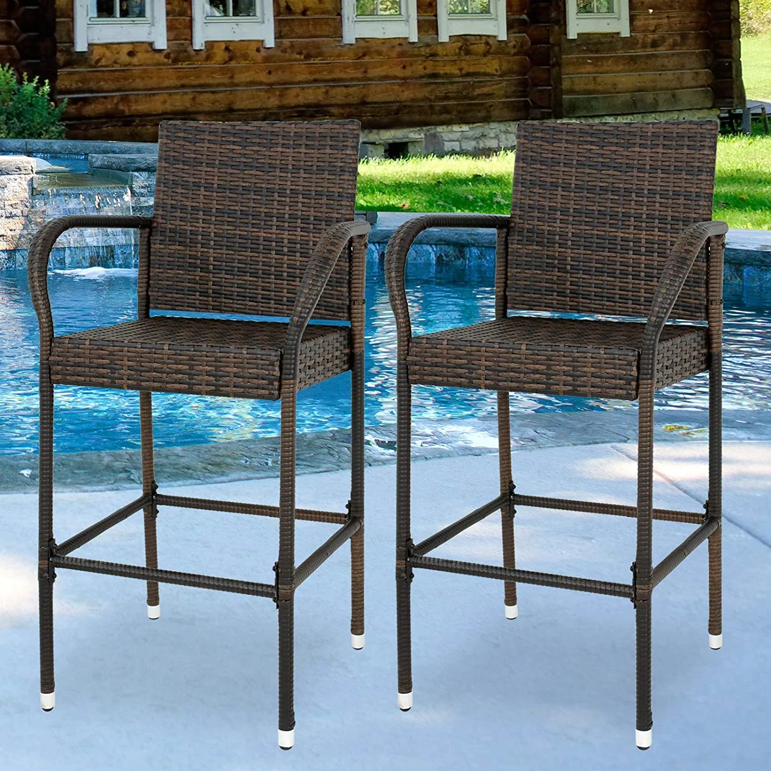 Set of 2 Wicker Barstool All Weather Dining Chairs Outdoor Patio Furniture Wicker Chairs Bar Stool with Armrest