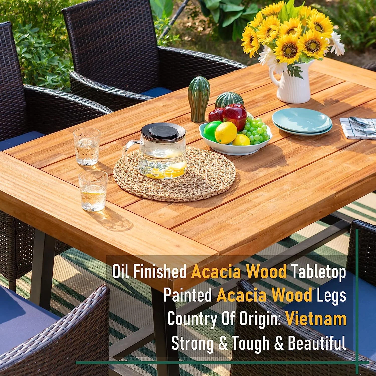 & William 6 Pieces Patio Dining Set for 6  4 PE Rattan Chairs and 1 Rectangular Acacia Wood Table and 1 Bench  Outside Table and Chairs with Cushions  Outdoor Furniture for Decker Yar