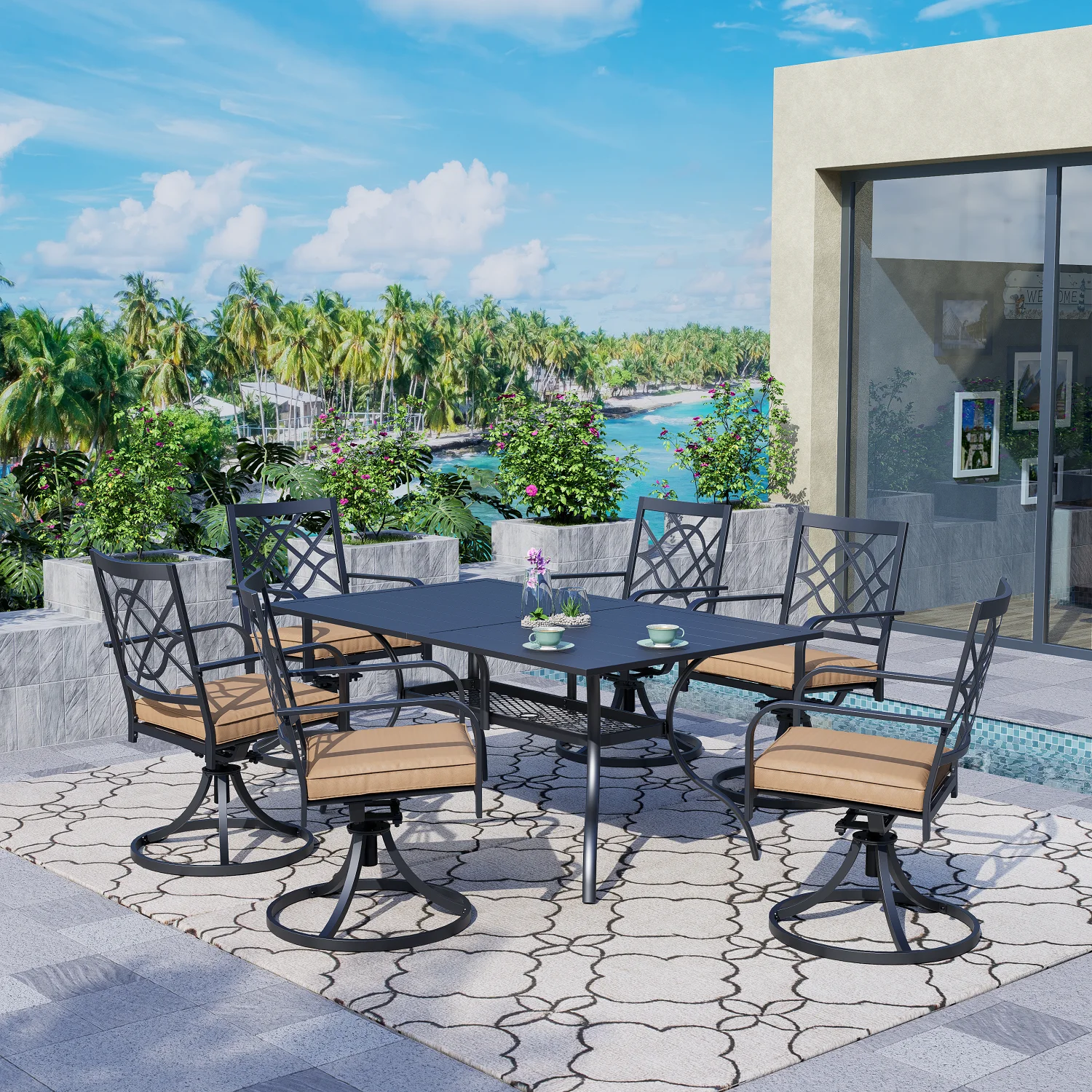 SUNCROWN 7-Pieces Outdoor Dining Set Metal Swivel Cushioned Chairs Patio Furniture Sets with Steel Slat Bistro Table for Backyard, Lawn, Garden