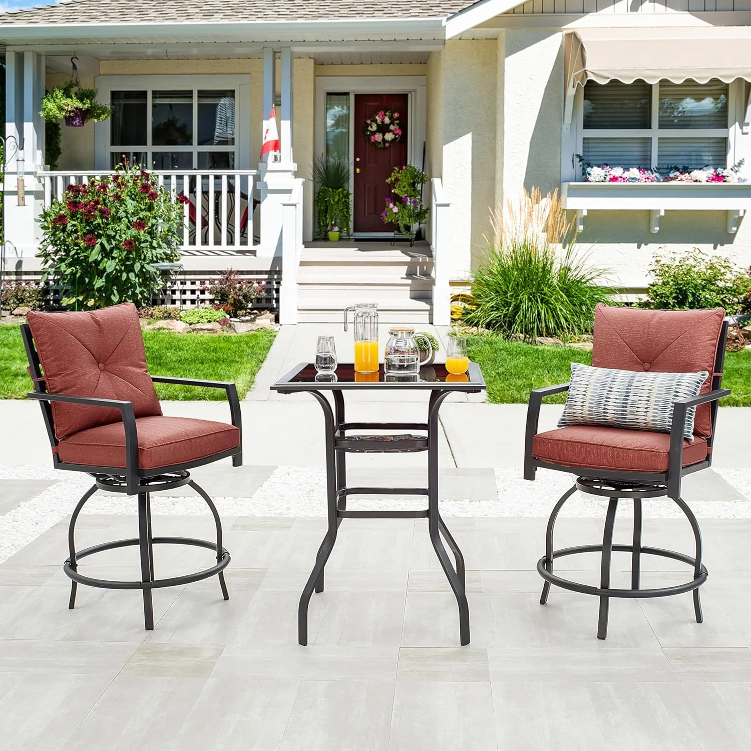 Patio Bar Height 2 Outdoor Swivel Chairs  1 High Glass Top Table, 3 Piece Bistro Set, Red