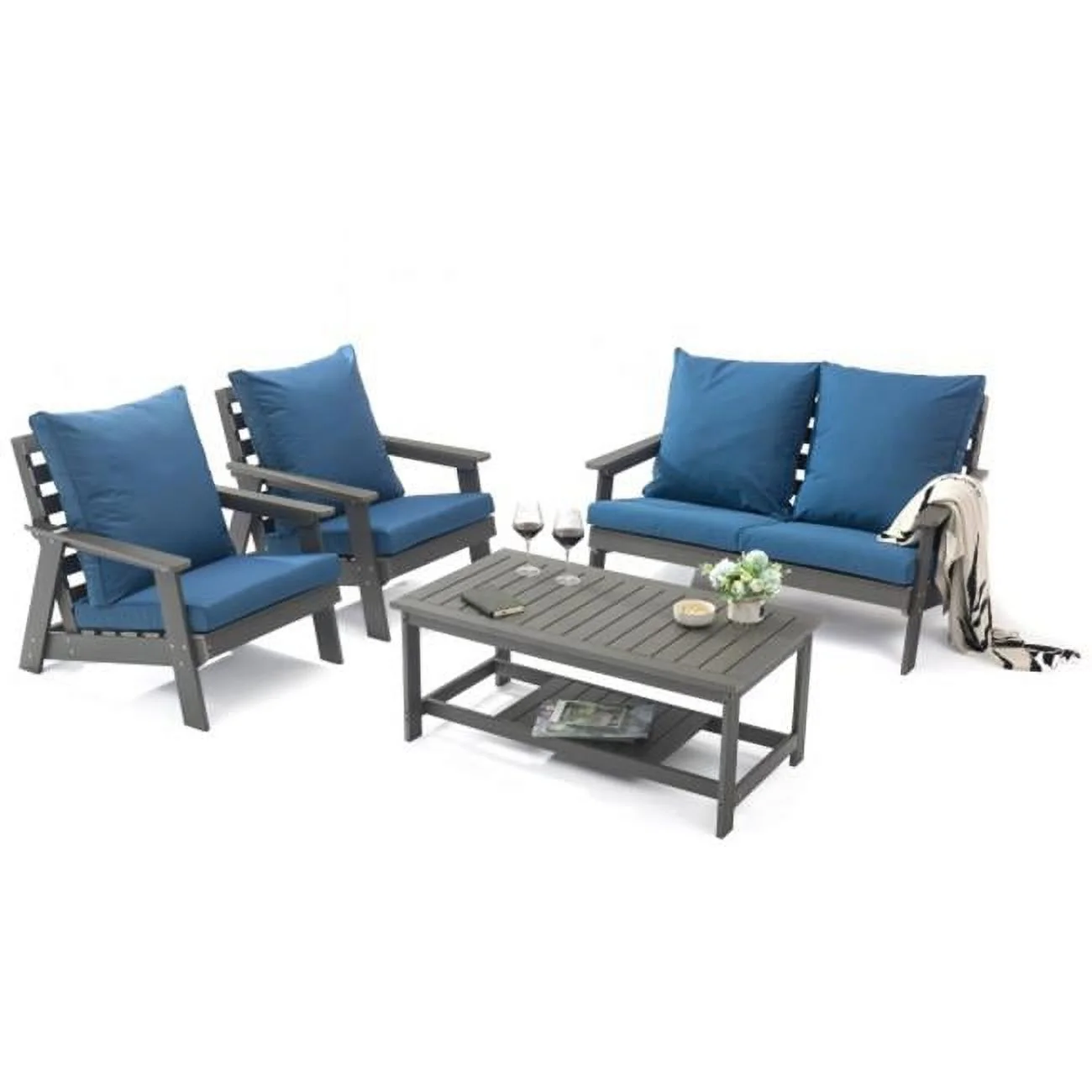 Alpine Poly Lumber Weather Resistant Patio Conversation Set, Navy Blue - 4 Piece