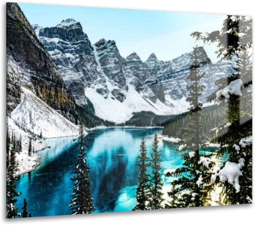 HelloGlass Tempered Glass Wall Art Prints Moraine lake panorama winter water snow covered mountains Banff Modern Wall Painting Artwork Free Floating Glass for Living Room Bedroom Office 12x8inch
