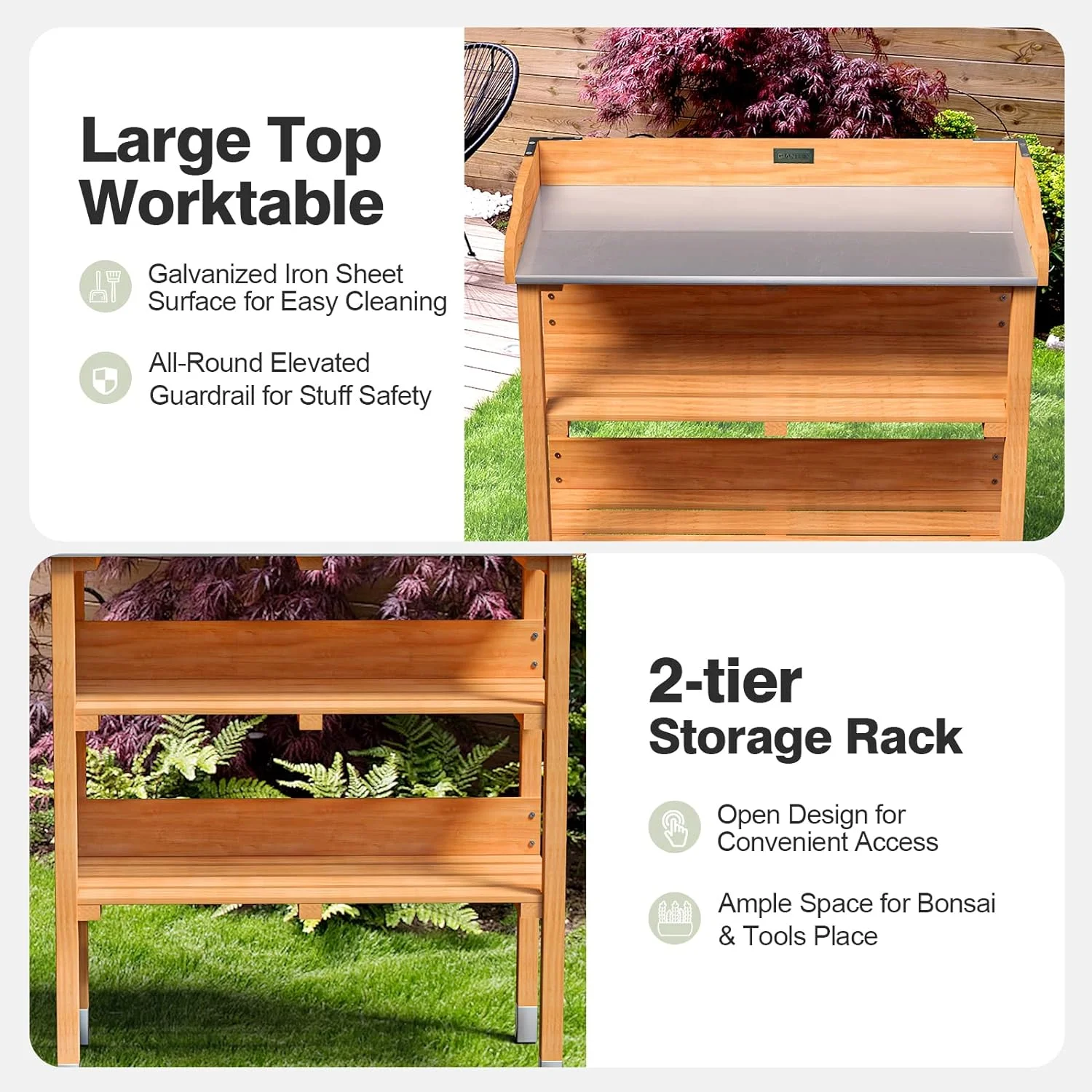 Garden Potting Bench, Outdoor Wood Workstation Table with Galvanized Steel Tabletop, 5 Hooks, 2-Tier Storage Shelves, Outside Work Station Potting Table with Raised Edge, Easy Assembly