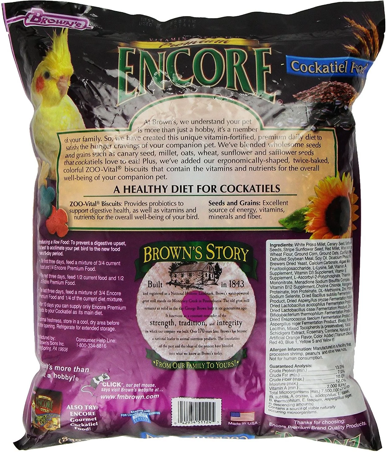 Brown's Encore Premium Cockatiel Bird Food, 2 Lb