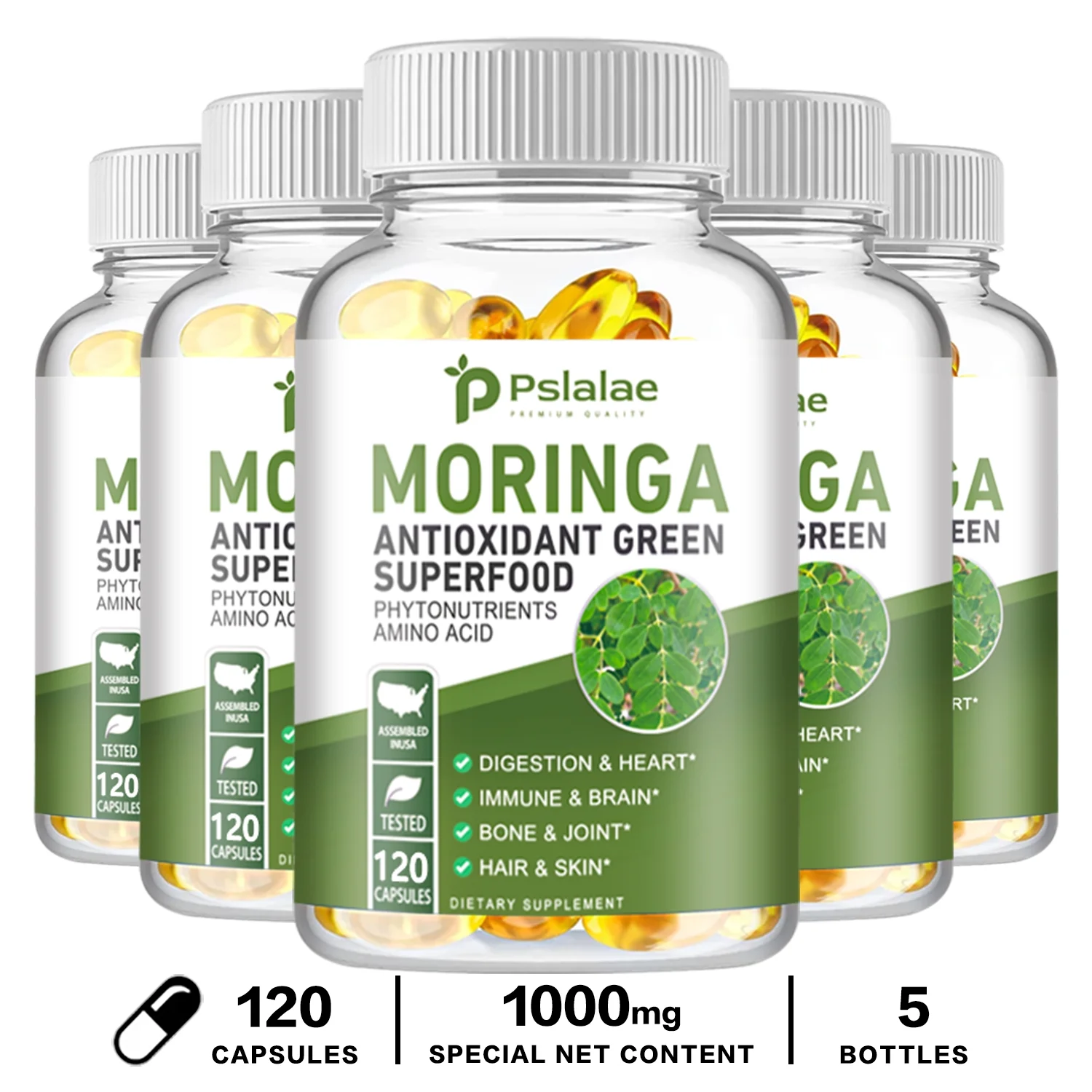 Pslalae Moringa Capsules 1000mg - Promote Metabolism, Digestion, Immune Support 120pcs (1/3/5 Pack)