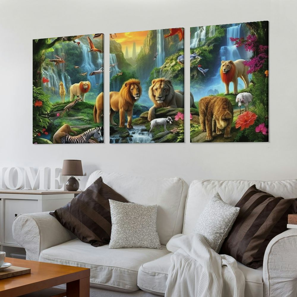 Jiayy Forest Animals Waterfall Art Wall Decor Oil Painting 12x16in x3 Canvas Print Living Room Bedroom Home Office Wall Decor 12x16x3pcs