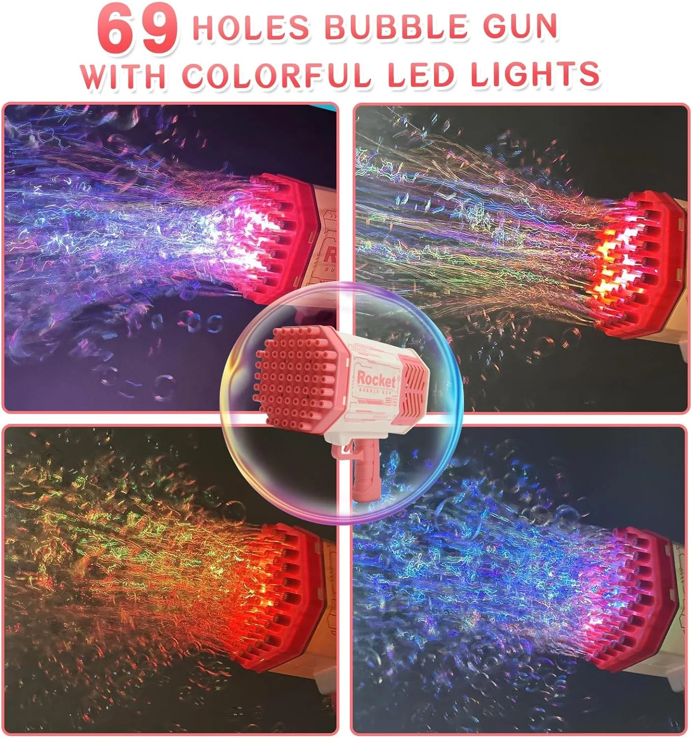 69 Holes Bubble Machine Gun, Bubble Gun with Colorful Lights, Bubble Refill Solution, Bubble Blower Toy Gifts for Boys Girls, Adults, Used for Easter Basket Stuffers, Birthday, Wedding