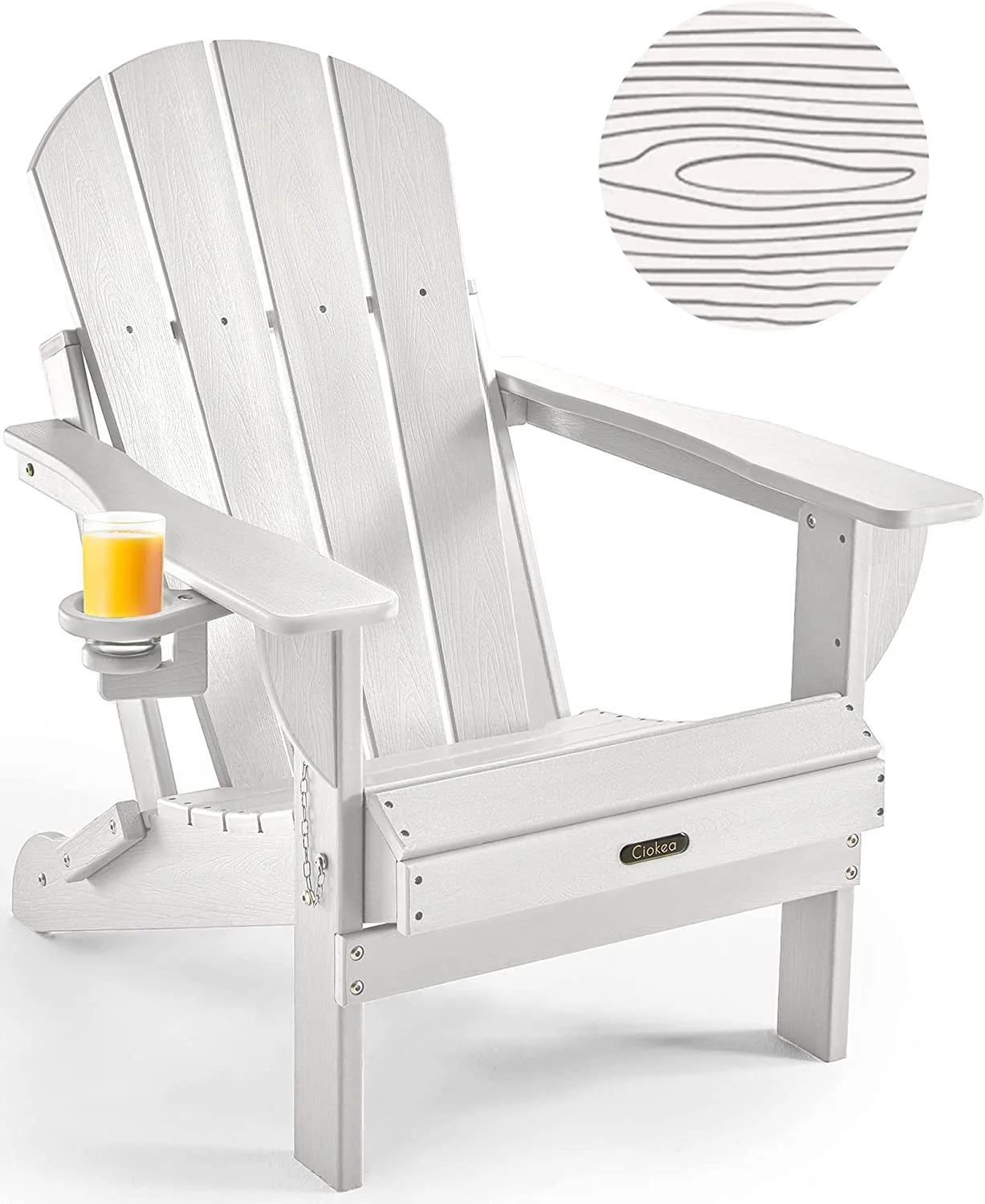Folding Adirondack Chair Wood Texture, Patio Adirondack Chair Weather Resistant, Plastic Fire Pit Chair with Cup Holder, Lawn Chair for Outdoor Porch Garden Backyard Deck (White)