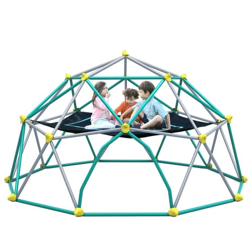 ACETEK 13FTx6.7FT,Supporting 1000 LBS,Geometric Dome Climber Play Center, Kids Climbing Dome Tower with Hammock, Rust & UV Resistant Steel,Green + Grey