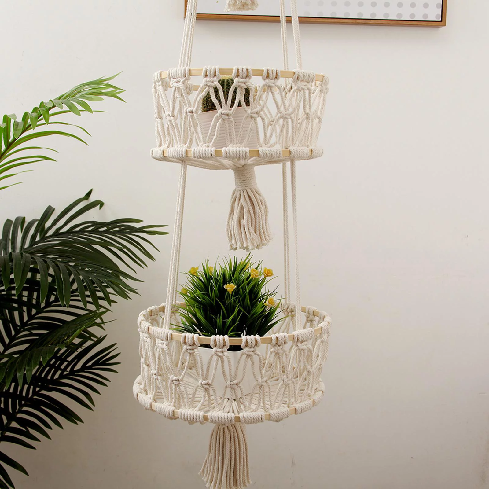 Macrame Hanging Basket, Fruit Hanger Hanger Fruit Basket Pot - Wite 3 Tiers