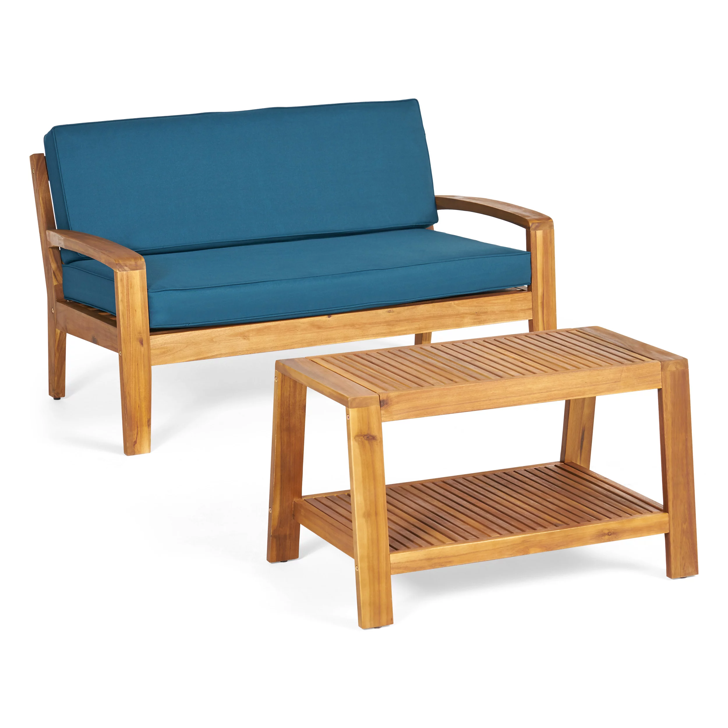 Parma Outdoor 2-Seater Acacia Wood Loveseat and Coffee Table Set, Teak and Teal