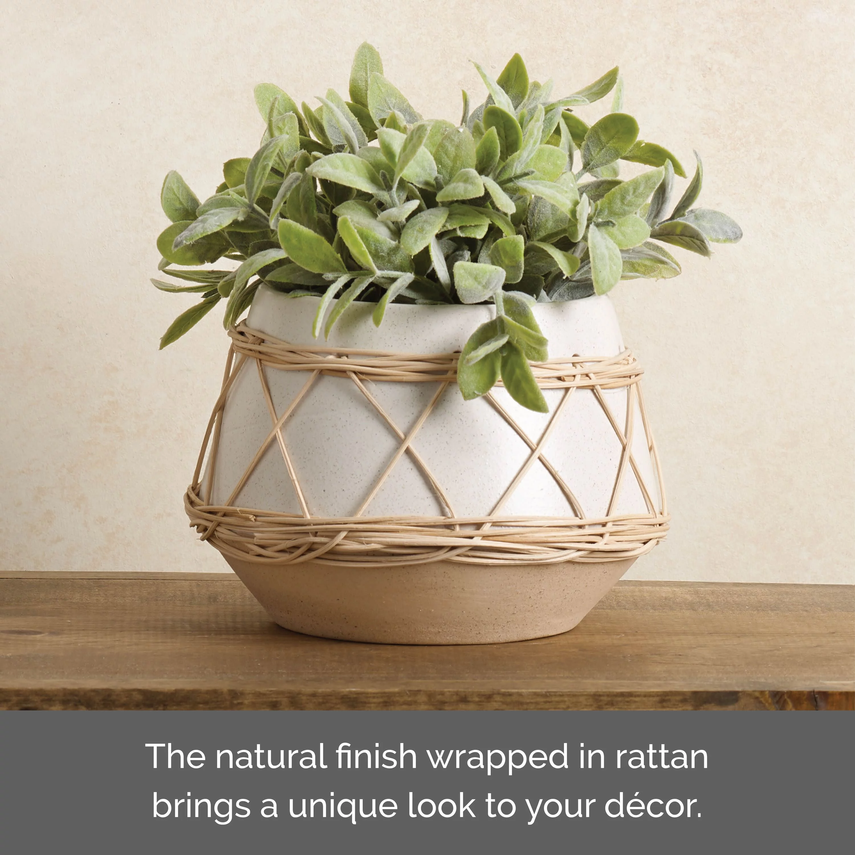Elements 7X5 Inch Rattan Wrap White Stoneware Pot