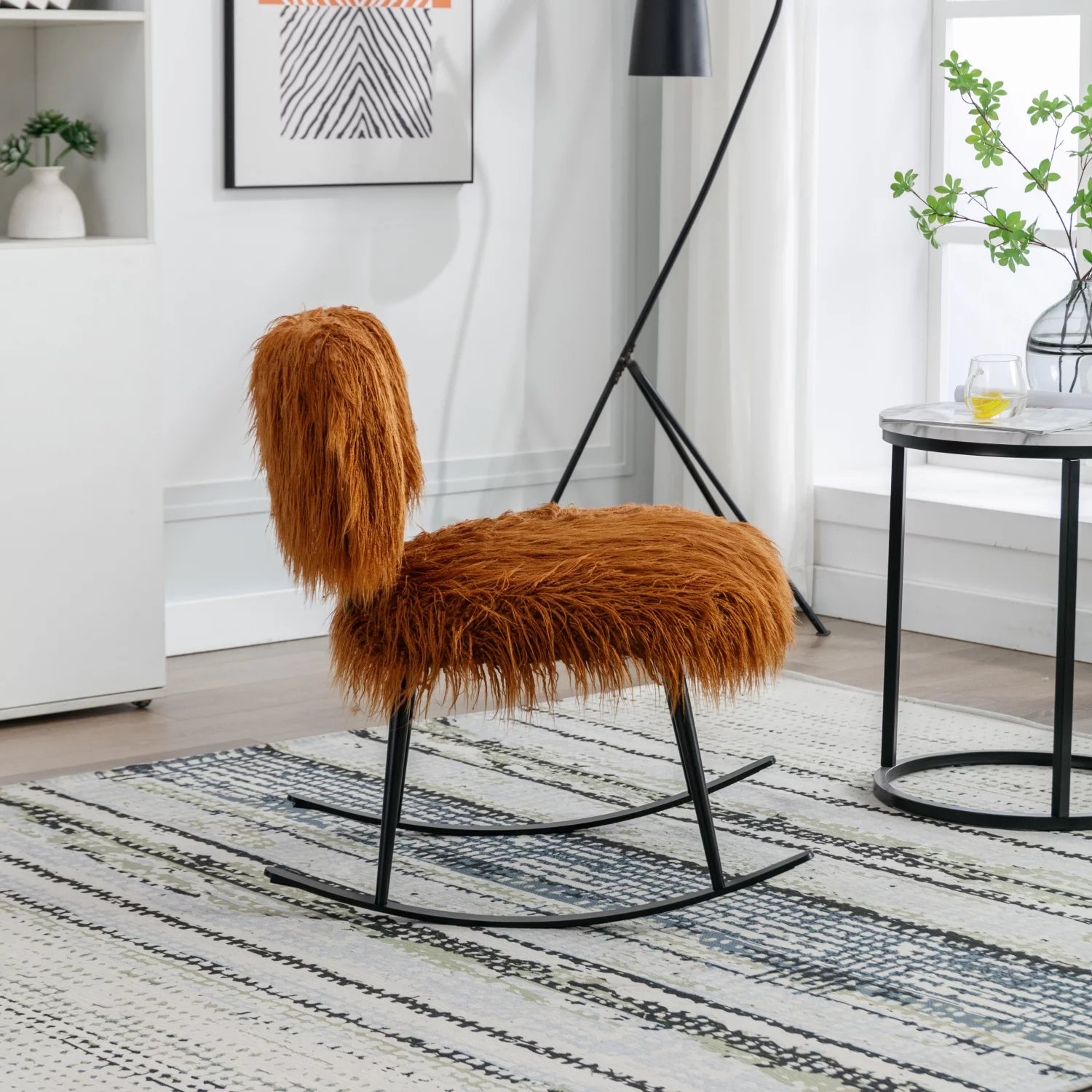 Comfortable Mid Century Modern Wide Upholstered Glider Chair in Caramel Faux Fur Plush for Baby Nursing with Metal Rocker  Cuddly Fluffy Rocking Chair for Living Room and Bedroom - 25.2 I