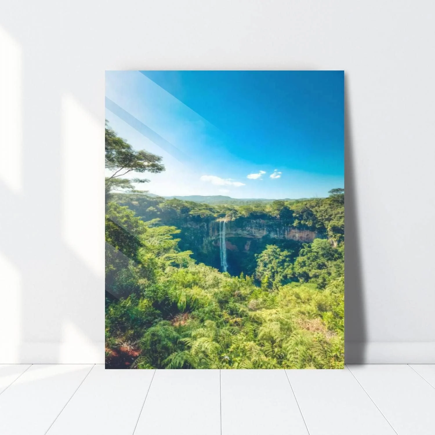 HelloGlass Tempered Glass Wall Art Decor Tropical waterfall in chamarel on mauritius island africa Prints On Glass Paingting Picture Modern Artworks For Living Room Bedroom Office 12x8inch