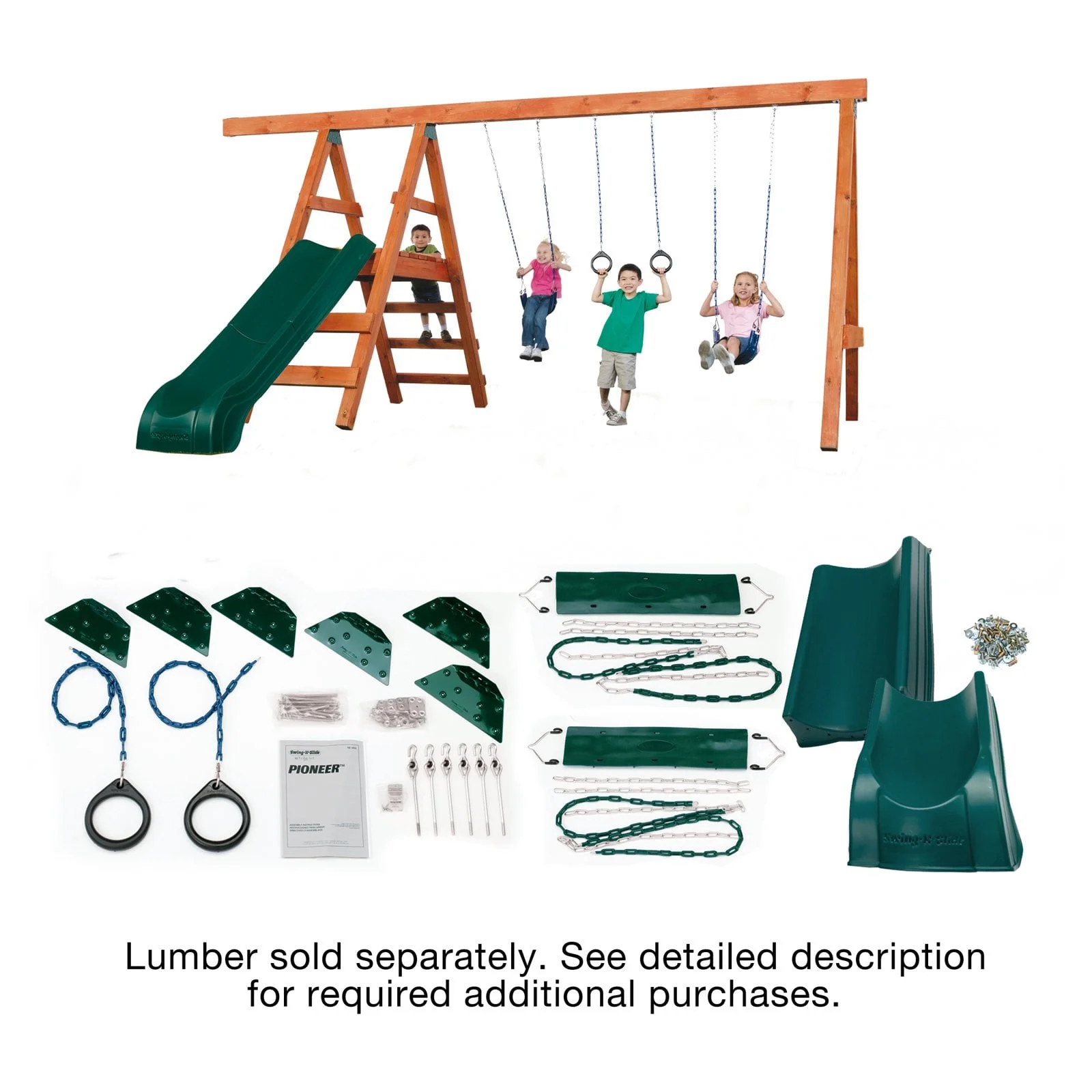 Swing-N-Slide NE 4433-SUM Pioneer Deluxe DIY Play Set Hardware Only Kit with Slide, Includes Hardware, Swings and Slide - Wood Not Included
