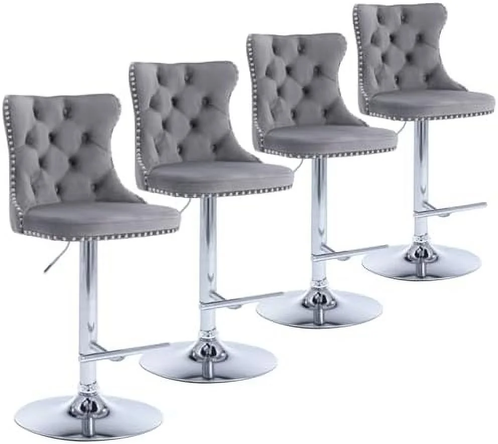 MQLIFEBOOM Stools   Adjustable Swivel Counter Height Barstools with Back for Kitchen Island  Velvet Upholstered  Chairs with Nailheads Trim and Sliver Footrest for Dining Room Pub  Gray