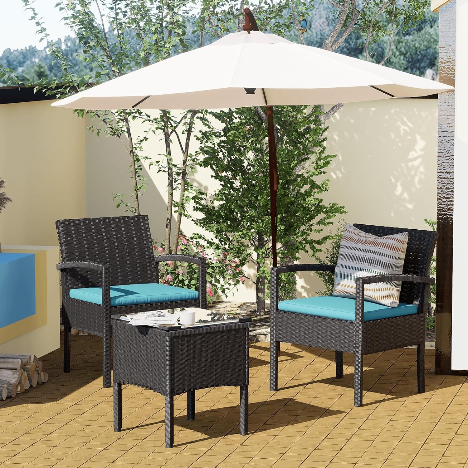 3 Pieces Outdoor Patio Furniture Set, Small Wicker Bistro Conversation Set for Porch and Balcony, All Weather PE Rattan Chairs with Table, Backyard Garden Furniture (Blue)