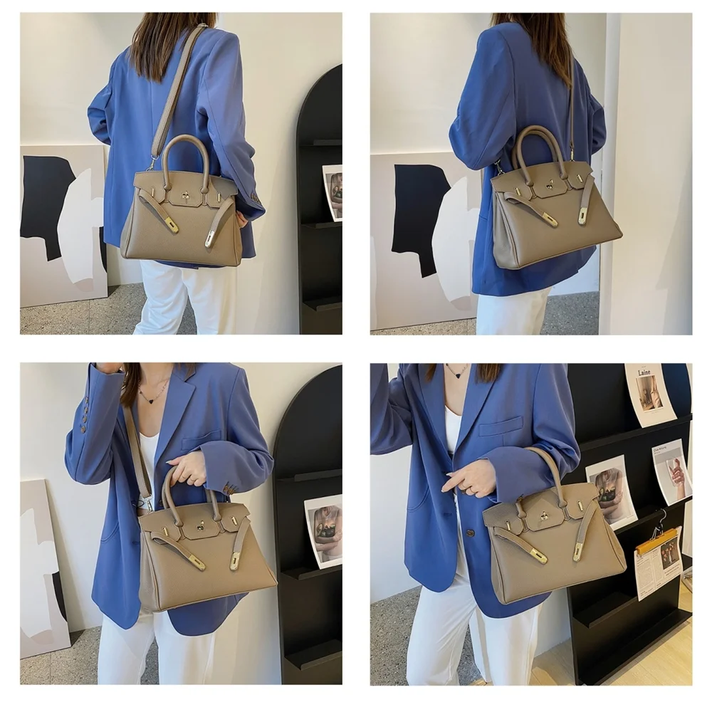 Leather Handbag for Women , Ladies Shoulder Bag Fashion Classic Lychee Pattern First Layer Cowhide Top Handle Satchel - Khaki