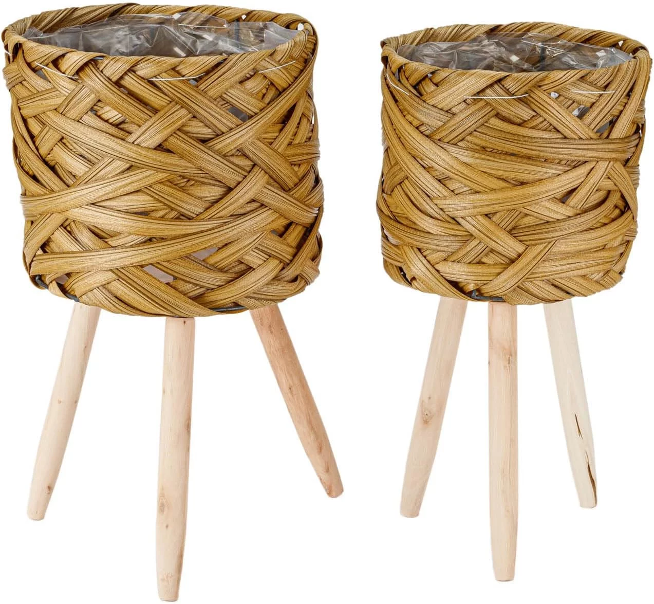 Set of 2 Natural Woven Planter Baskets with Plastic Lining and Wooden Legs (Small & Large)