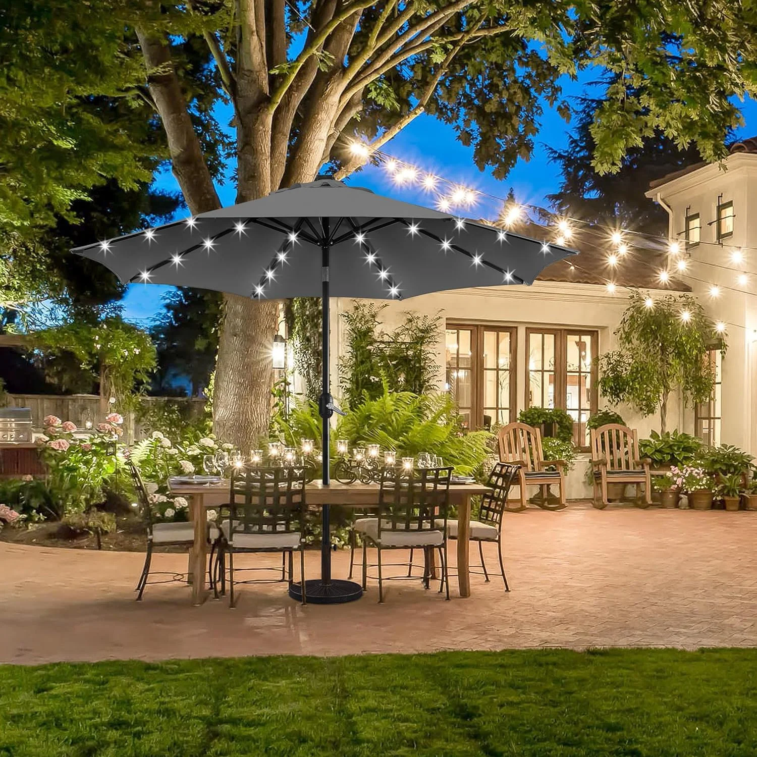 9FT Solar Powered Patio Umbrella - UV Protection Market Table Umbrella w/ 32 LED Lights & Push Button Tilt & Crank Lift System for Garden/Lawn/Deck/Backyard/Pool, Gray