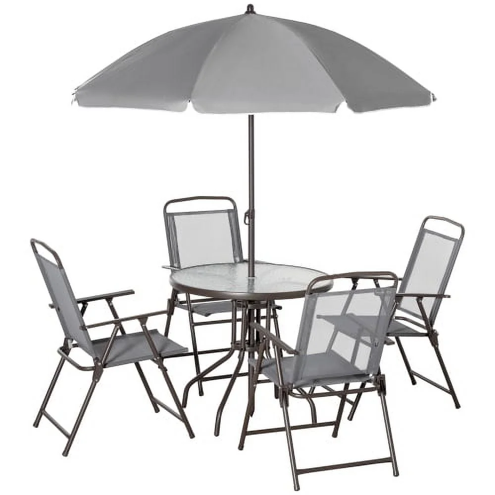 LEIYEHOOM 6 Piece Patio Dining Set for 4 with Umbrella  Outdoor Table and Chairs with 4 Folding Dining Chairs & Round Glass Table for Garden  Backyard and Poolside  Gray