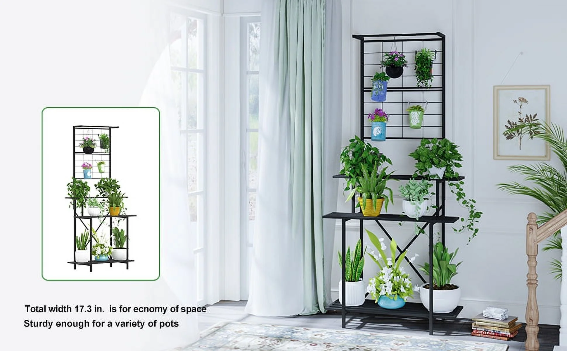 Zhongma 3 Tier Heavy Duty Plant Stand with Hanging Plant pot shelf,Trellis,35.43 L x 18.11 W x 79.13H multi layer plant Holder for Home, Garden, Plant Lovers,Metal Storage Rack Shelf/Freestanding Disp