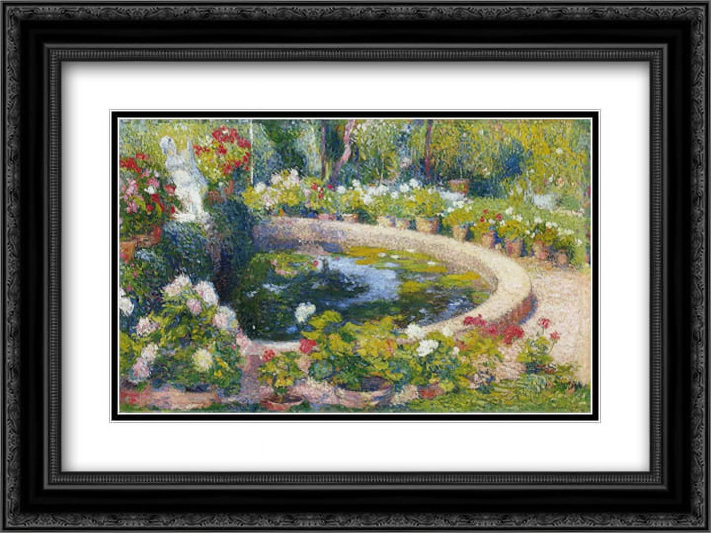 Henri Martin 2x Matted 24x18 Black Ornate Framed Art Print 'Fountain in the Center of the Park'