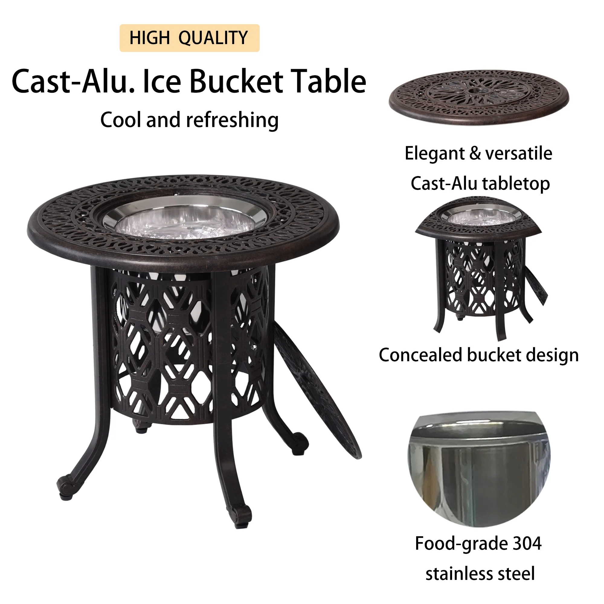 Stainless Steel Ice Bucket Patio Dining Table Set Hand Brushed Patina/Bronze Cast Aluminum, Outdoor Furniture for Entertaining ﻿