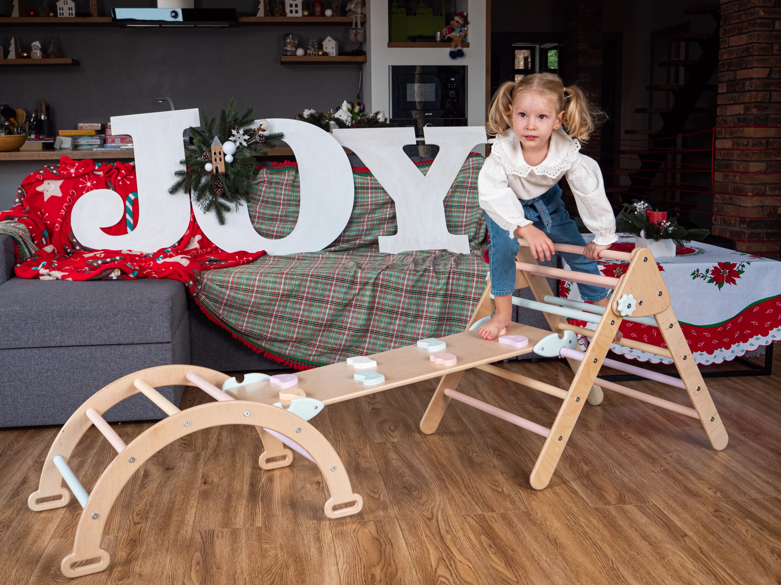 Woodandhearts Montessori Playground: Triangle &Ramp & Arch, Indoor Playing Room, Natural and Pastel color, for Kids up to 4 Years