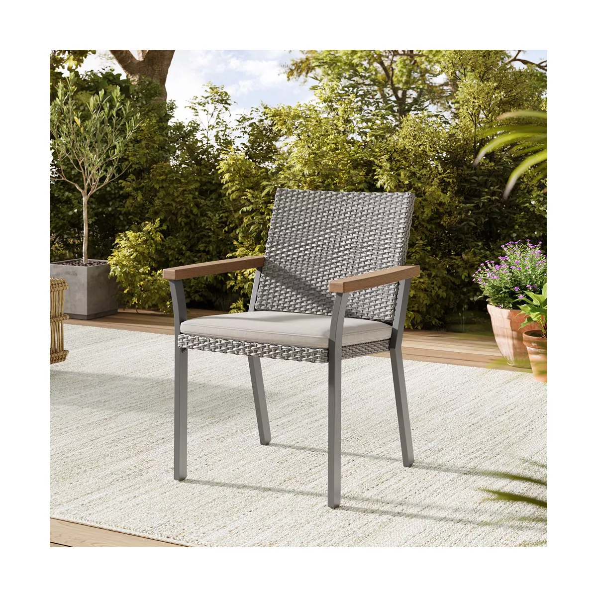 SONGMICS HOME Sencillo Collection - Dining Chair, Armchair, Patio Chair, with Faux Wood Armrests, Modern and Transitional Style,Gray and Beige