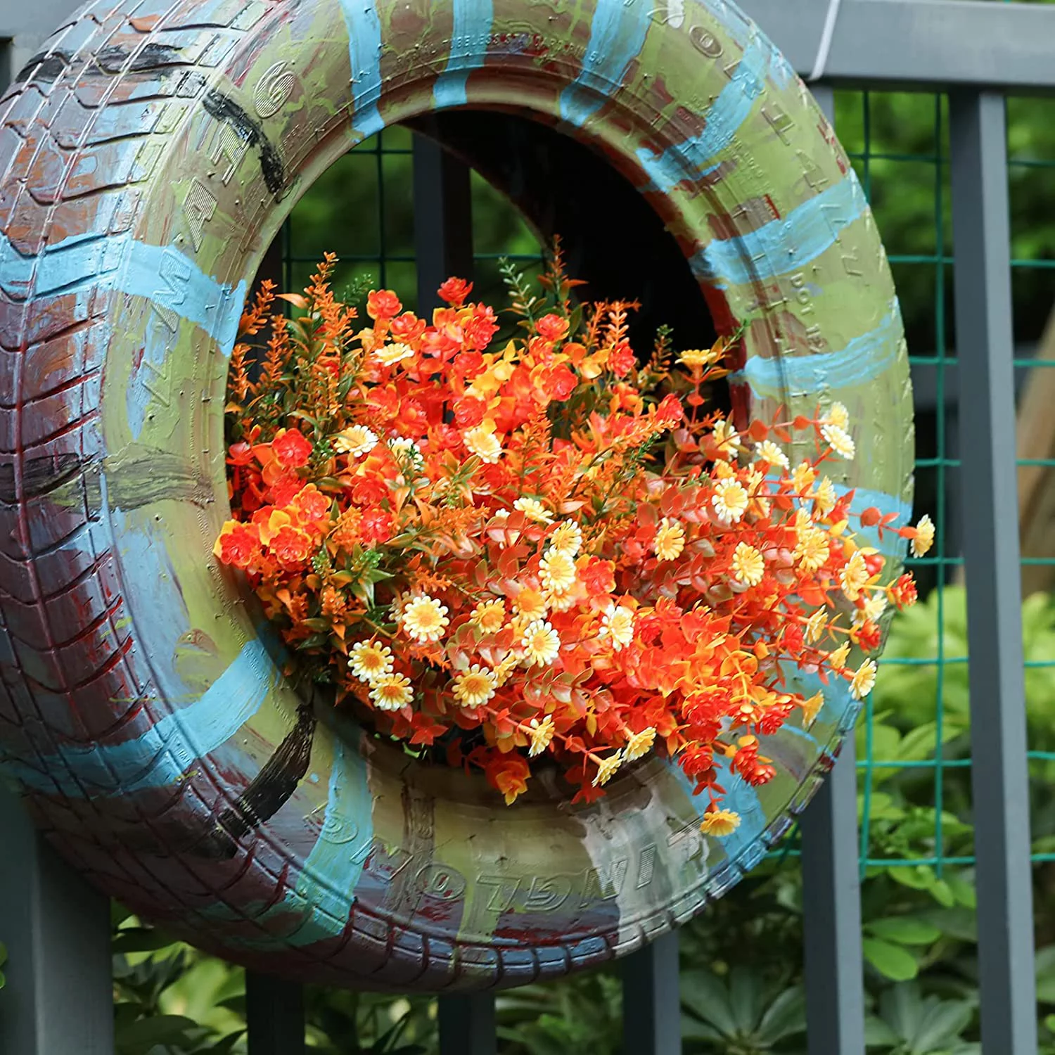 12Pack Artificial Fall Flowers Bouquet UV Resistant Faux Boxwood Fake Plastic Flower for Window Box Home Garden Balcony Autumn Wedding Decor