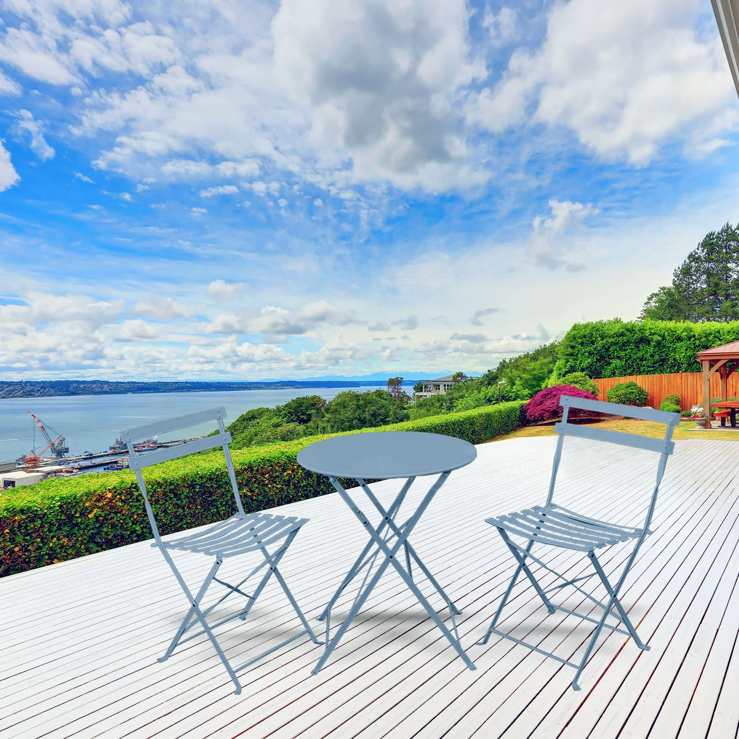 Ezra 3 Piece Delegate- Looking Porch Folding Furniture Set – 2 Colorful Chairs With a Solid Coffee Table -