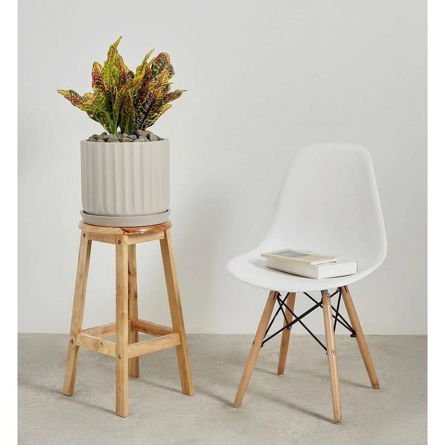 Indoor/Outdoor Large 1-piece Nordic Minimalist Fiberstone Lightweight Round Planter Pot With Grooves Saucer - 16, 13, 11 in Gray Cream 10.25 In. H X