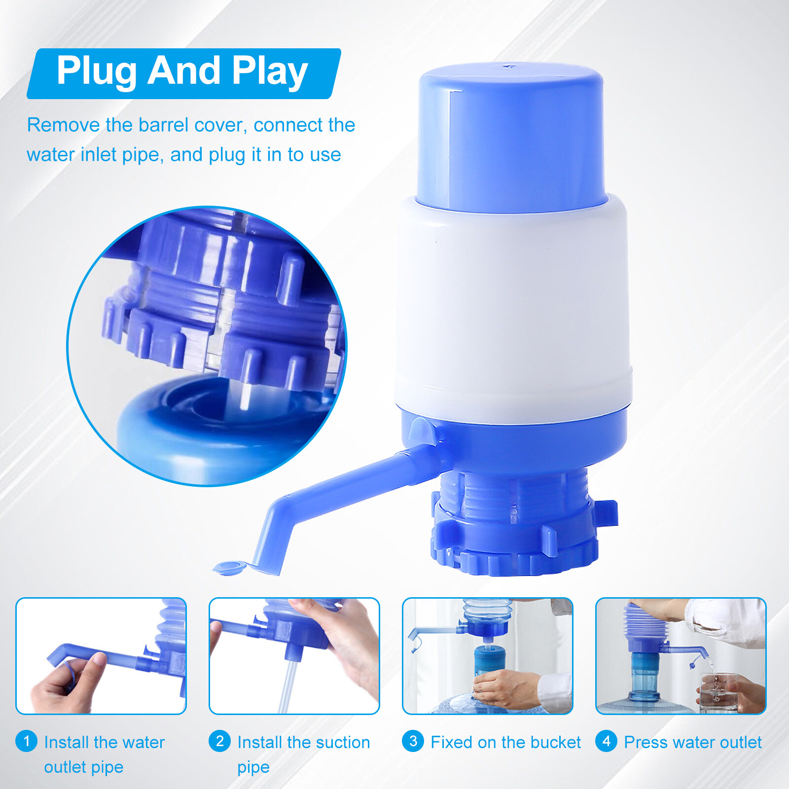 Water Bottles Pump Manual Hand Pressure Drinking Fountain Pressure Pump Water Press Pump with Water Stop Valve (Blue and White)