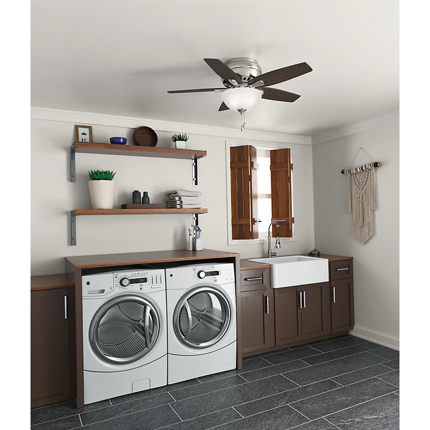 Hunter 51082 Newsome 42-Inch Low Profile Ceiling Fan with Light (Medium Walnut/Dark Walnut with Brushed Nickel Finish) & 26019 Brushed Nickel Downrod (12-Inch)