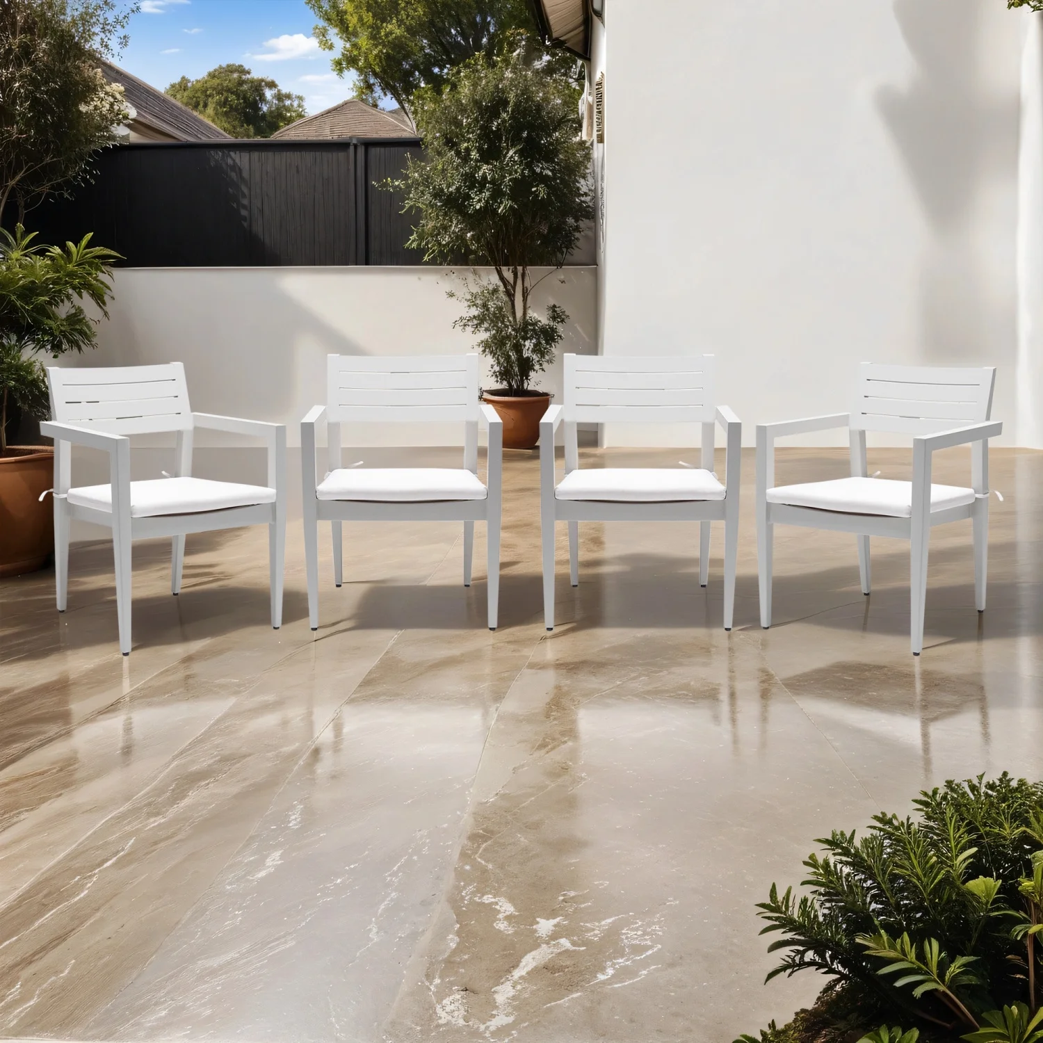 Comfortable and Stylish Set of 4 Grayish Aluminum Outdoor Patio Dining Chairs with Outdoor-grade Sunbrella Fabric Cushions and Tapered Feet for ultimate comfort and durability in your out