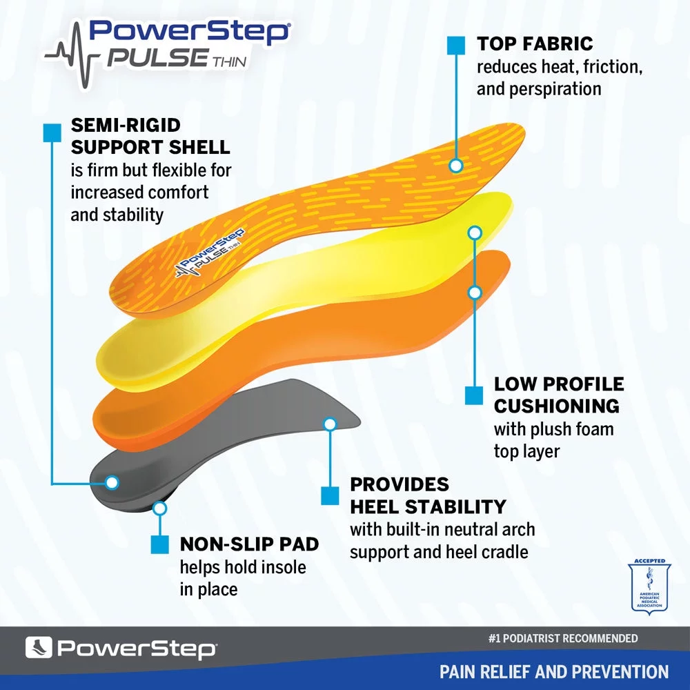 PowerStep PULSE Thin Full Length Orthotic Running Shoe Insoles with Neutral Arch Support for Low-Profile Athletic Shoes
