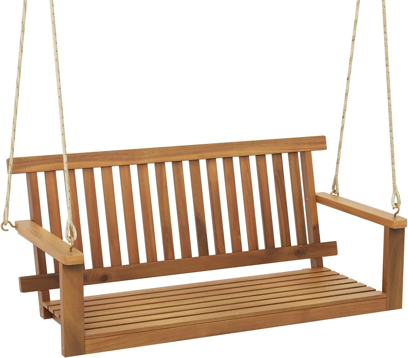 Elegant 2 Person Hanging Porch Swing, Wooden Elegant Swing with 2 Hanging Hemp Ropes, Slatted Seat & Back, 800Lbs Acacia Wood Outdoor Swing Bench for Backyard Deck Garden