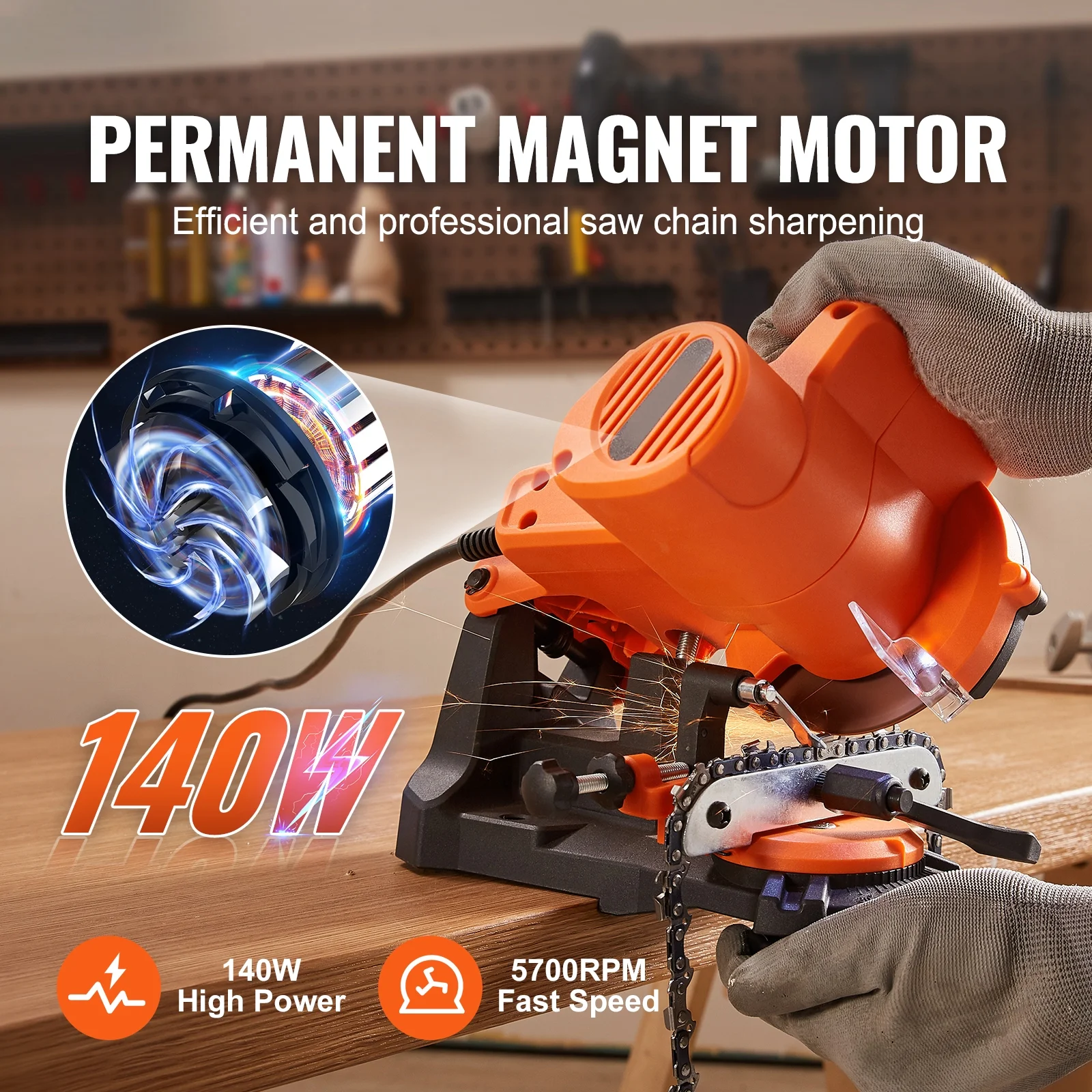 SKYSHALO Electric Chainsaw Sharpener Chain Saw Grinder 5700RPM, Professional Bench Chainsaw Sharpener Grinder Wall or Vise Mount Tool with 3 Grinding Wheels Fit 0.25