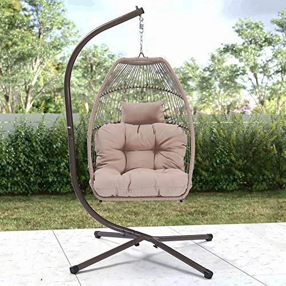 TJCGDTY Hanging Egg Chair Stand  Outdoor Patio Wicker Folding Hammock Chair with C Type Bracket  Soft Deep Fluffy Cushion and Pillow