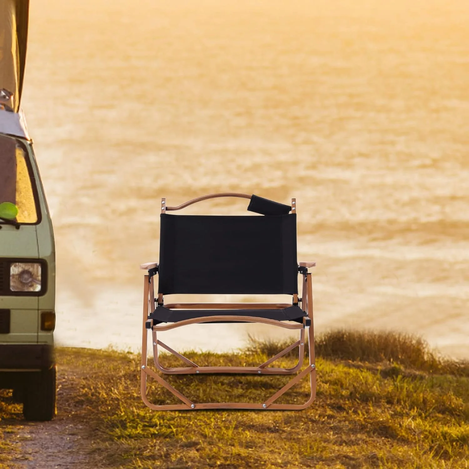 Outdoor Camping Armchair, 600D Oxford Fabric Small Lightweight Folding Chair, Portable Wood Grain Aluminum Picnic Chair, for Beach, Travel, Hiking, BBQ, Small Size, Black(1.65*16.92*24.01in)