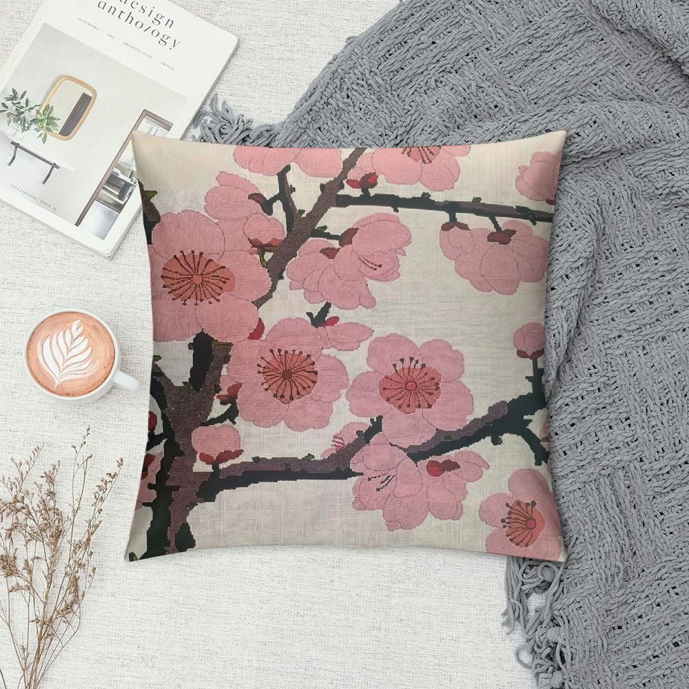 ONETECH Spring Pillow Decorative Throw Pillow Covers, Pink Chinese Cherry Blossom Flower Japan Plum Branch Square Pillow Cases Pillowcase Sofa Cushion